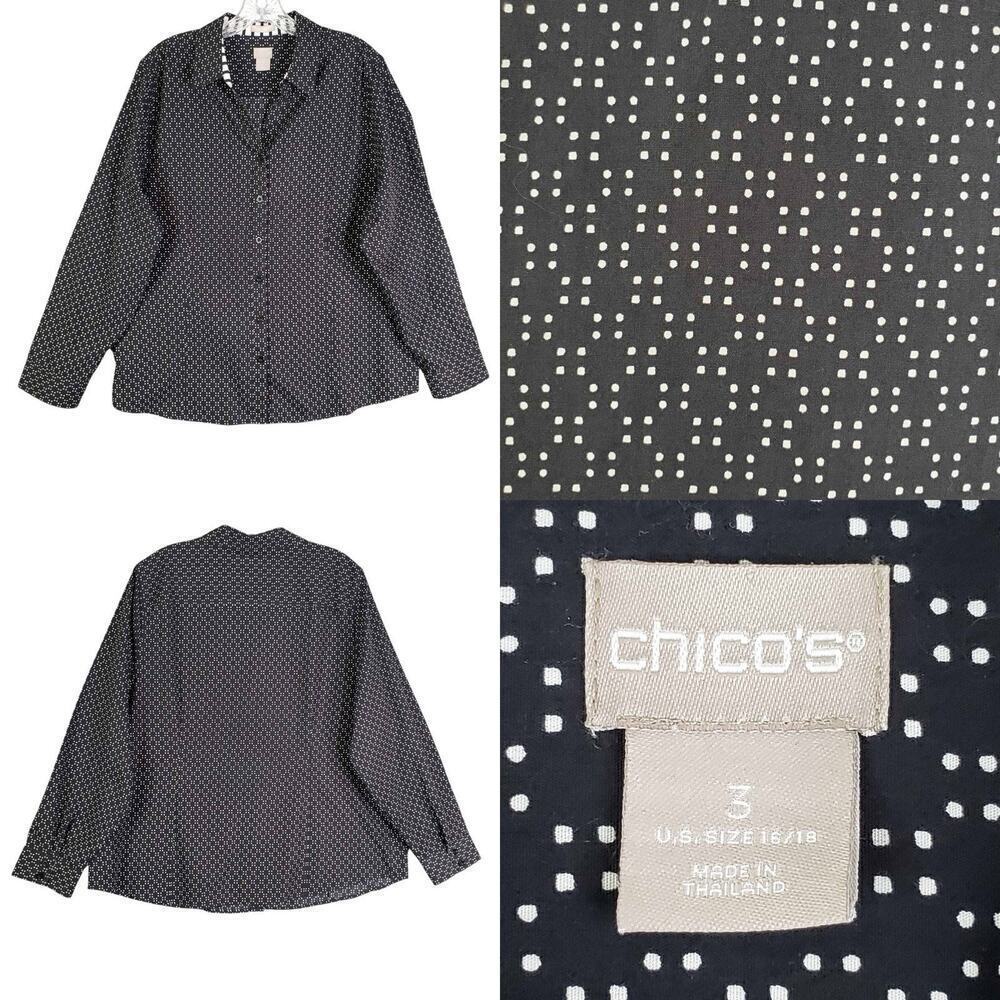 Chicos Shirt Women’s Button Down Long Sleeve Size 3 US XL Black Geometric